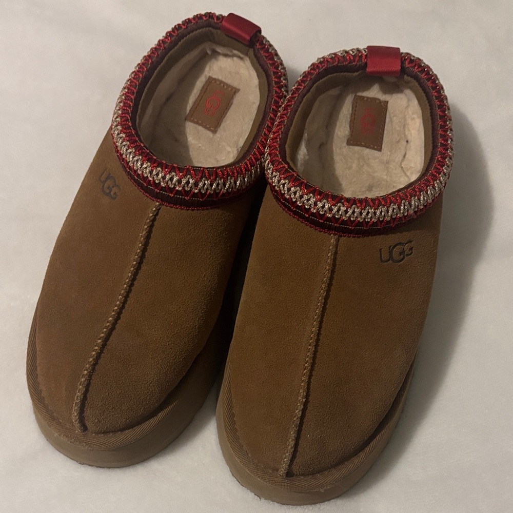 UGG Chestnut Suede Slip-On Clog with Red Trim